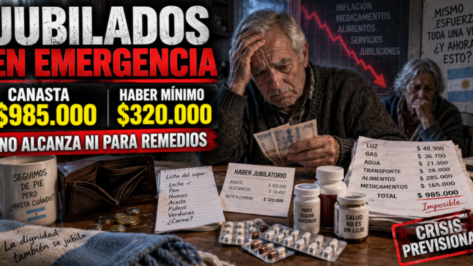 Un jubilado argentino contando monedas frente a una receta médica y una boleta de servicios en una mesa de cocina.