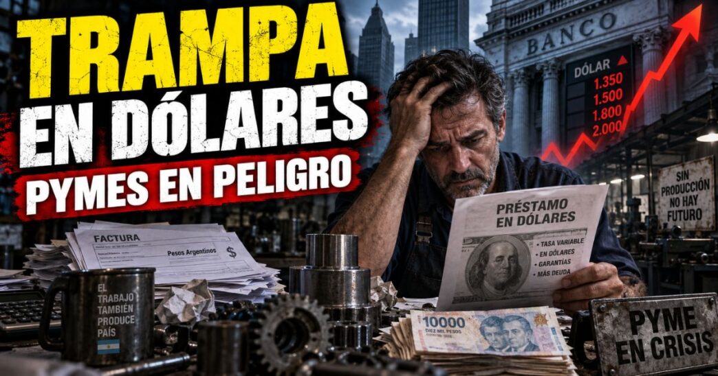 Empresario pyme angustiado revisando contratos bancarios frente a un gráfico de deuda en dólares y una máquina industrial detenida.