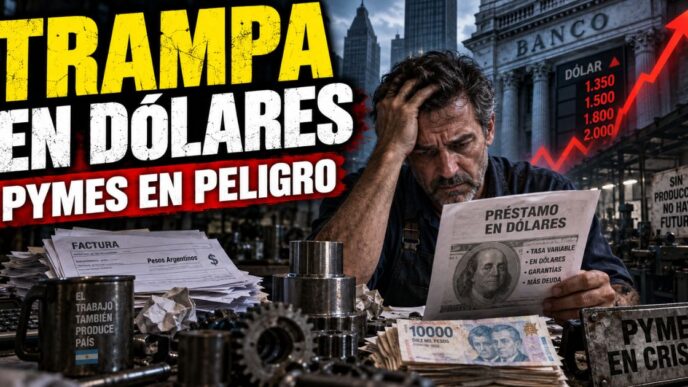Empresario pyme angustiado revisando contratos bancarios frente a un gráfico de deuda en dólares y una máquina industrial detenida.