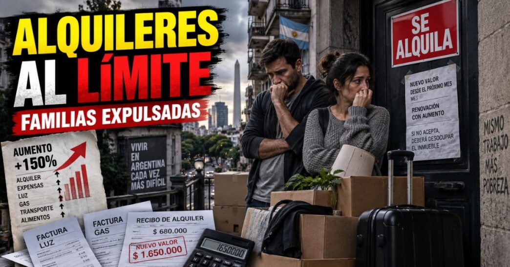 Familia trabajadora cargando cajas de mudanza bajo la lluvia frente a un edificio con cartel de "Alquiler en Dólares".