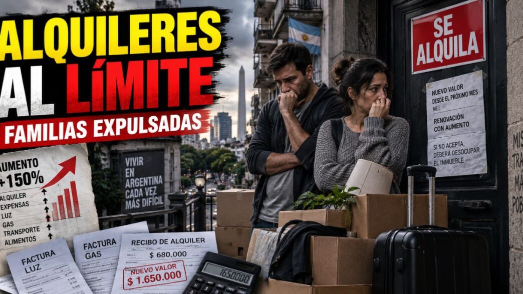 Familia trabajadora cargando cajas de mudanza bajo la lluvia frente a un edificio con cartel de "Alquiler en Dólares".
