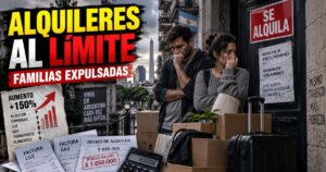 Familia trabajadora cargando cajas de mudanza bajo la lluvia frente a un edificio con cartel de "Alquiler en Dólares".