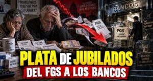 Sede central de la ANSES con pancartas de reclamo de jubilados frente a la transferencia de fondos al sector bancario.