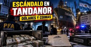 Efectivos de la Policía Federal custodiando fajos de billetes de 100 dólares secuestrados en las oficinas del astillero Tandanor.