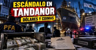 Efectivos de la Policía Federal custodiando fajos de billetes de 100 dólares secuestrados en las oficinas del astillero Tandanor.