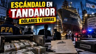 Efectivos de la Policía Federal custodiando fajos de billetes de 100 dólares secuestrados en las oficinas del astillero Tandanor.