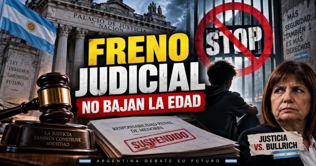 Fachada de los tribunales de Justicia con una pancarta en primer plano que proclama "Los niños no son peligrosos, están en peligro