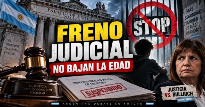 Fachada de los tribunales de Justicia con una pancarta en primer plano que proclama "Los niños no son peligrosos, están en peligro