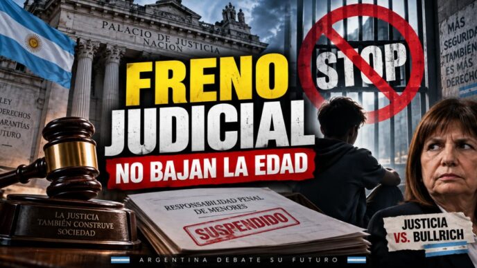 Fachada de los tribunales de Justicia con una pancarta en primer plano que proclama "Los niños no son peligrosos, están en peligro