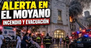Fila de ambulancias del SAME y autobombas de Bomberos asistiendo a pacientes evacuadas frente al Hospital Moyano con humo en el fondo.