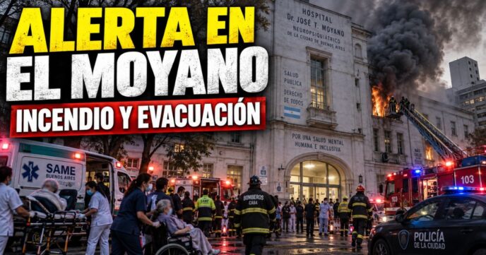 Fila de ambulancias del SAME y autobombas de Bomberos asistiendo a pacientes evacuadas frente al Hospital Moyano con humo en el fondo.