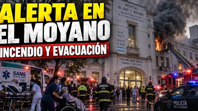 Fila de ambulancias del SAME y autobombas de Bomberos asistiendo a pacientes evacuadas frente al Hospital Moyano con humo en el fondo.