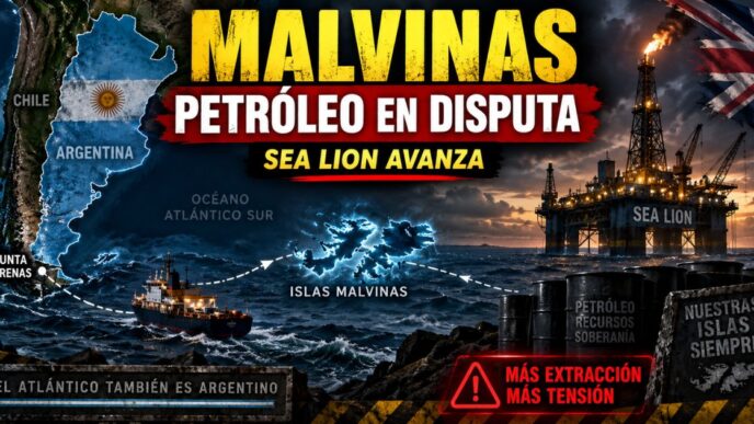 Plataforma petrolera operando en el yacimiento Sea Lion frente a las Islas Malvinas bajo bandera británica.