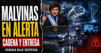 Conductor en el estudio de noticias de Info del Plata Noticias presentando informe sobre el anuncio de Milei por Malvinas y la base militar con Estados Unidos en Ushuaia.