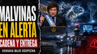 Conductor en el estudio de noticias de Info del Plata Noticias presentando informe sobre el anuncio de Milei por Malvinas y la base militar con Estados Unidos en Ushuaia.