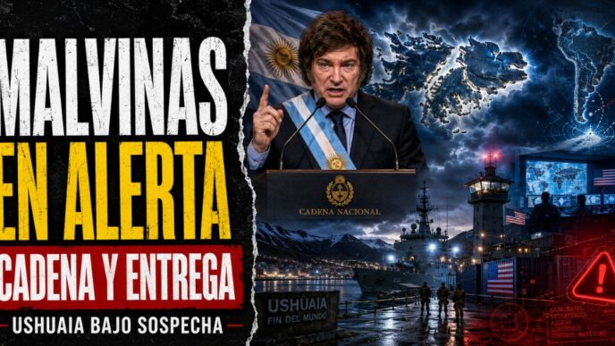 Conductor en el estudio de noticias de Info del Plata Noticias presentando informe sobre el anuncio de Milei por Malvinas y la base militar con Estados Unidos en Ushuaia.
