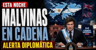 Conductor en el estudio de noticias de Info del Plata Noticias presentando informe sobre el anuncio de Cadena Nacional de Javier Milei por Malvinas.
