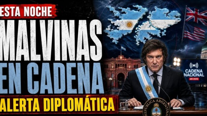 Conductor en el estudio de noticias de Info del Plata Noticias presentando informe sobre el anuncio de Cadena Nacional de Javier Milei por Malvinas.