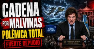 Conductor en el estudio de noticias de Info del Plata Noticias presentando informe sobre los insultos de Milei y la Cadena Nacional por Malvinas.