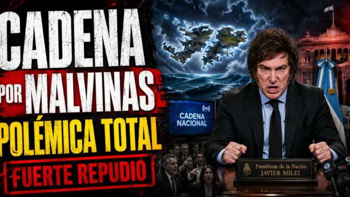 Conductor en el estudio de noticias de Info del Plata Noticias presentando informe sobre los insultos de Milei y la Cadena Nacional por Malvinas.