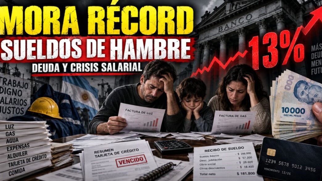 Trabajadora de maestranza y enfermero marchando con banderas gremiales frente a una sucursal bancaria cerrada con rejas.