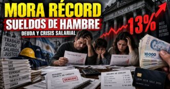Trabajadora de maestranza y enfermero marchando con banderas gremiales frente a una sucursal bancaria cerrada con rejas.