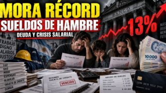 Trabajadora de maestranza y enfermero marchando con banderas gremiales frente a una sucursal bancaria cerrada con rejas.