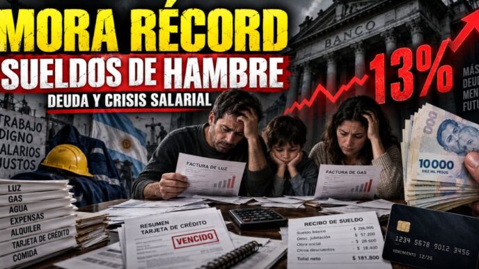 Trabajadora de maestranza y enfermero marchando con banderas gremiales frente a una sucursal bancaria cerrada con rejas.