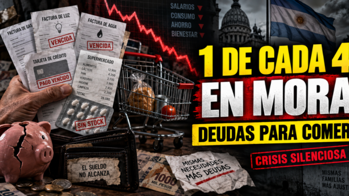 Mesa con facturas de servicios públicos vencidas, una tarjeta de crédito cortada o rechazada y billetes de pesos argentinos insuficientes.
