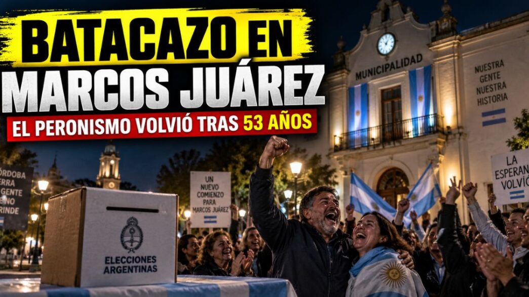 Festejos populares de la militancia justicialista y vecinos tras el triunfo de Germán Font en Marcos Juárez, Córdoba.