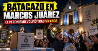Festejos populares de la militancia justicialista y vecinos tras el triunfo de Germán Font en Marcos Juárez, Córdoba.