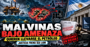Plataforma de perforación petrolera offshore navegando en aguas frías del Atlántico Sur cerca de las Islas Malvinas.
