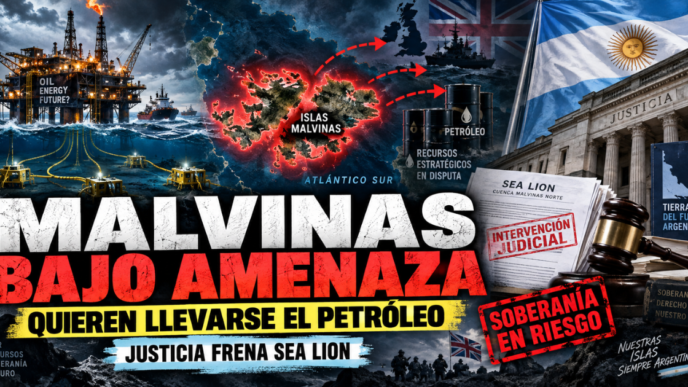 Plataforma de perforación petrolera offshore navegando en aguas frías del Atlántico Sur cerca de las Islas Malvinas.