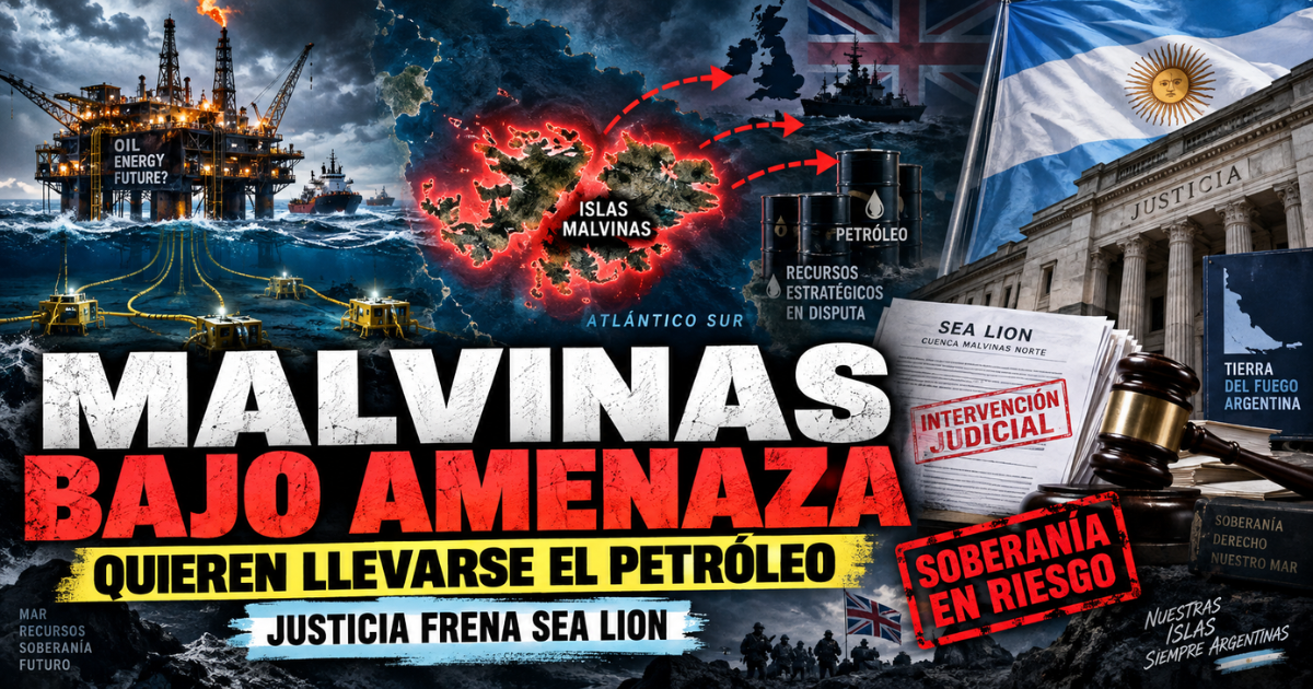 Plataforma de perforación petrolera offshore navegando en aguas frías del Atlántico Sur cerca de las Islas Malvinas.