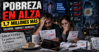 Adulto mayor y familia revisando facturas y precios de alimentos en un supermercado de Argentina ante el aumento de la pobreza.