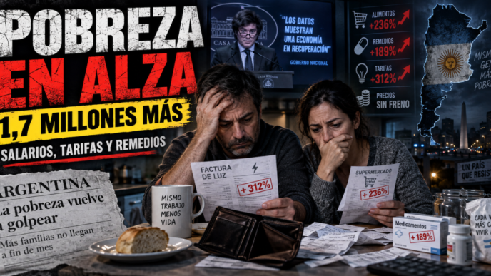 Adulto mayor y familia revisando facturas y precios de alimentos en un supermercado de Argentina ante el aumento de la pobreza.