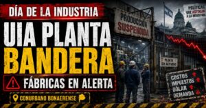 Conductor en el estudio de noticias de Info del Plata Noticias presentando informe sobre la rebelión de la UIA y el acto del Día de la Industria en el Conurbano.