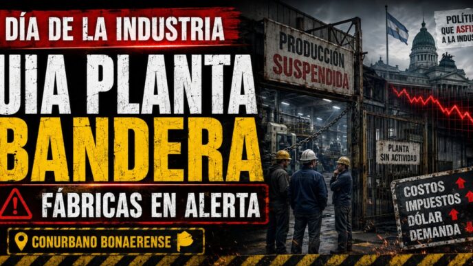 Conductor en el estudio de noticias de Info del Plata Noticias presentando informe sobre la rebelión de la UIA y el acto del Día de la Industria en el Conurbano.