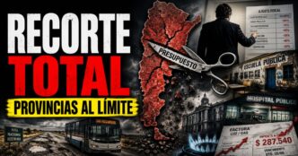 Conductor en el estudio de noticias de Info del Plata Noticias presentando informe sobre el recorte del 10% del gasto público ante la caída de la recaudación.