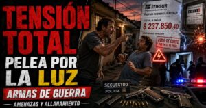 Conductor en el estudio de noticias de Info del Plata Noticias presentando informe sobre el arsenal secuestrado tras una discusión por una boleta de luz.