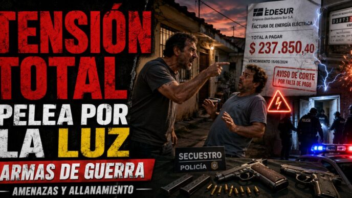 Conductor en el estudio de noticias de Info del Plata Noticias presentando informe sobre el arsenal secuestrado tras una discusión por una boleta de luz.