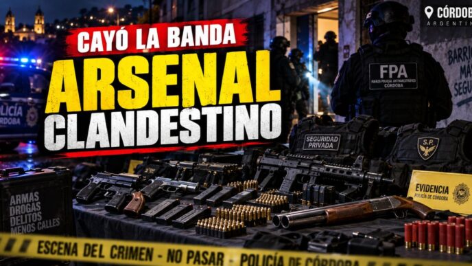 Conductor en el estudio de noticias de Info del Plata Noticias presentando informe sobre el arsenal de escopetas recortadas secuestrado a una banda criminal en Córdoba.