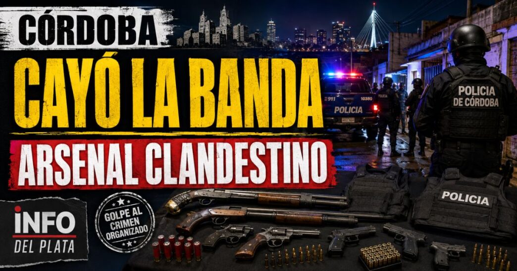 Conductor en el estudio de noticias de Info del Plata Noticias presentando informe sobre el arsenal de escopetas recortadas secuestrado a una banda criminal en Córdoba.