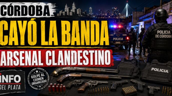 Conductor en el estudio de noticias de Info del Plata Noticias presentando informe sobre el arsenal de escopetas recortadas secuestrado a una banda criminal en Córdoba.