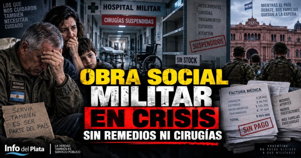 Conductor en el estudio de noticias de Info del Plata Noticias presentando informe sobre la crisis en la obra social de las Fuerzas Armadas y el corte de servicios médicos.