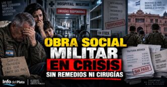 Conductor en el estudio de noticias de Info del Plata Noticias presentando informe sobre la crisis en la obra social de las Fuerzas Armadas y el corte de servicios médicos.
