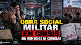 Conductor en el estudio de noticias de Info del Plata Noticias presentando informe sobre la crisis en la obra social de las Fuerzas Armadas y el corte de servicios médicos.