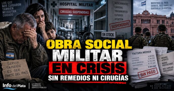 Conductor en el estudio de noticias de Info del Plata Noticias presentando informe sobre la crisis en la obra social de las Fuerzas Armadas y el corte de servicios médicos.