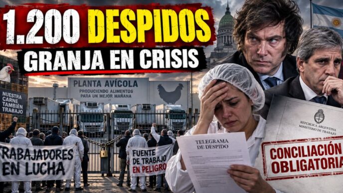 Conductor en el estudio de noticias de Info del Plata Noticias presentando informe sobre los 1.200 despidos en Granja Tres Arroyos y la conciliación obligatoria.