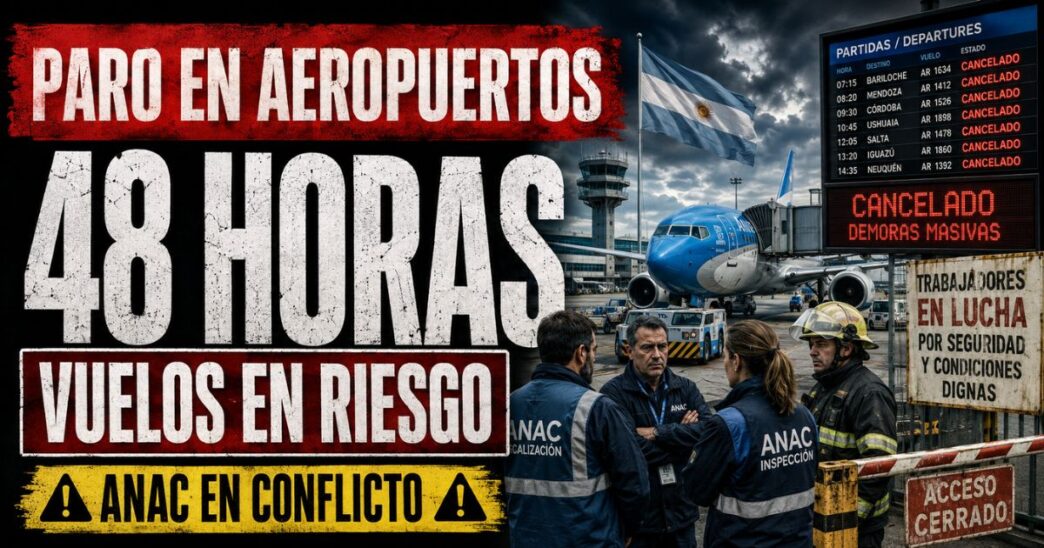 Conductor en el estudio de noticias de Info del Plata Noticias presentando informe sobre el paro nacional de 48 horas en aeropuertos y el reclamo salarial de ATE.